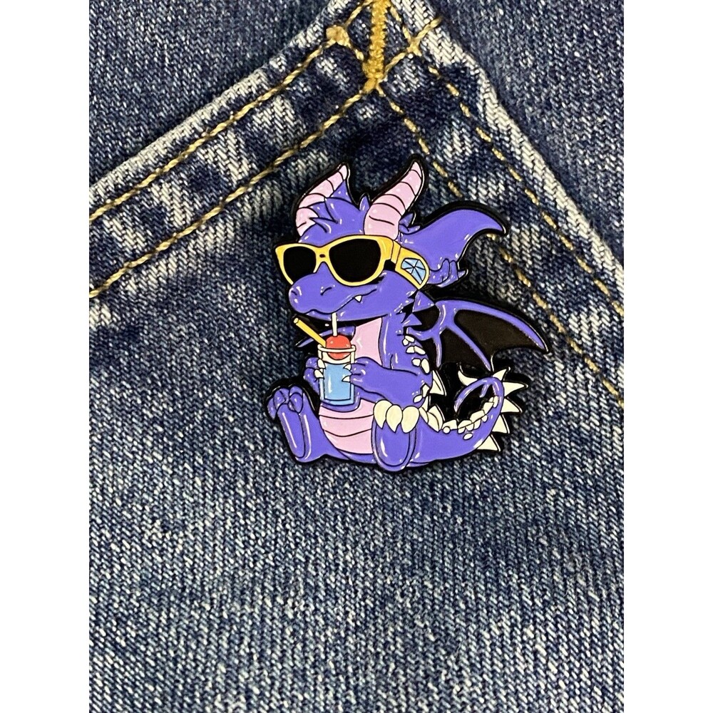 Purple Dragon Enamel Pin Sunglasses Drinking Soda Cute Cartoon Lapel Badge Gift